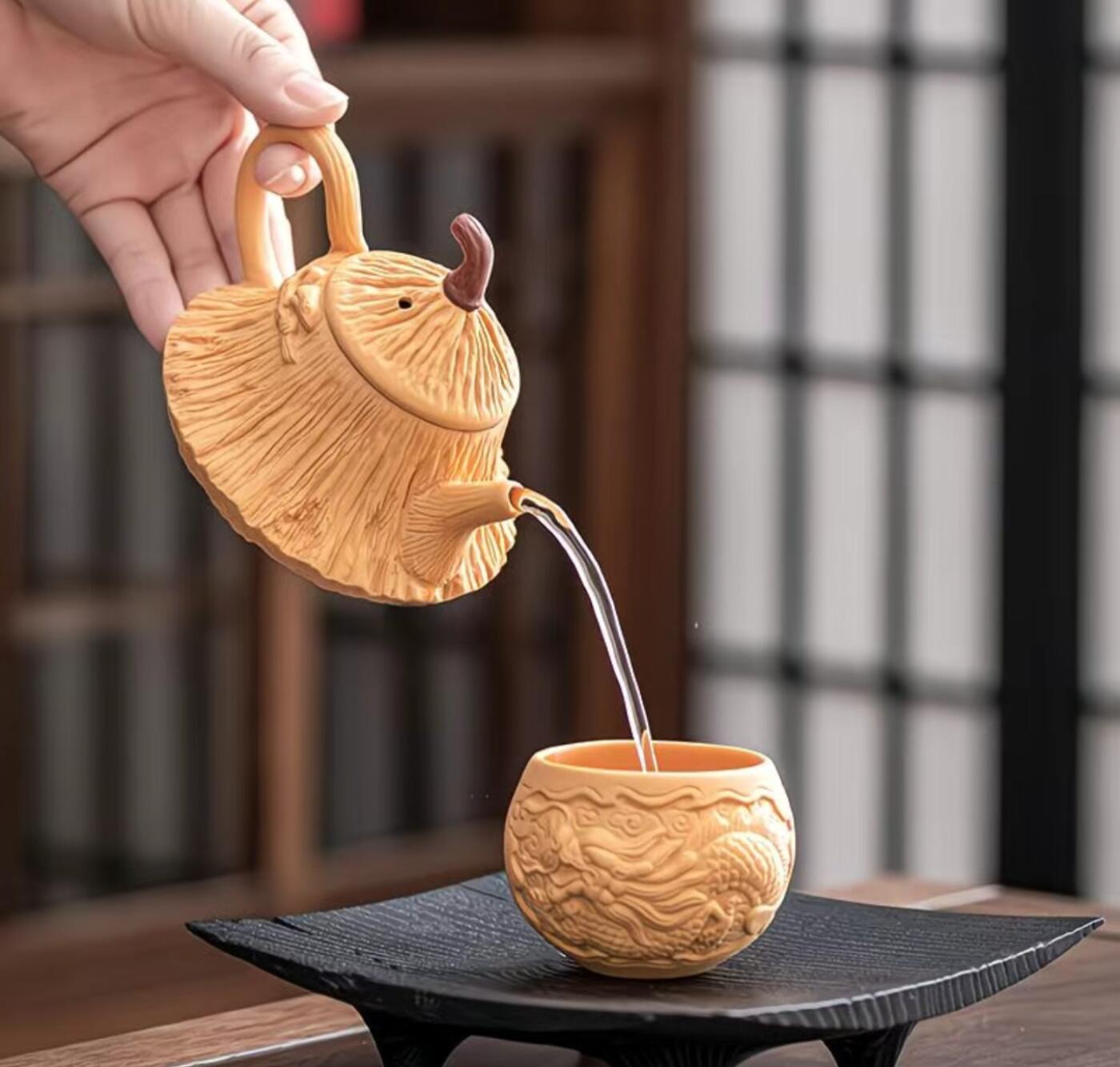 黄段泥精品手工壶具 黄金段泥高档紫砂壶大师级手工浮雕莲蓬单壶