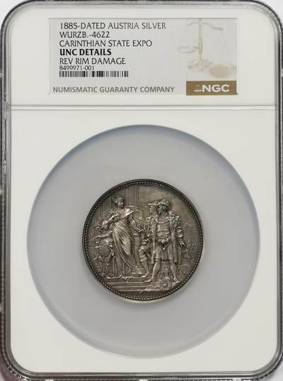 博洋堂世界钱币拍卖第137期（全场包邮） - NGC UNC 奥地利1885年克拉根福博览会纪念大银章，直径53mm，重75g，作者安东沙夫Scharff，此章不管是从稀缺度，设计还是品相包浆都是非常难得的一枚，唯一遗憾是背面六点处一处小磕碰导致没有出分
