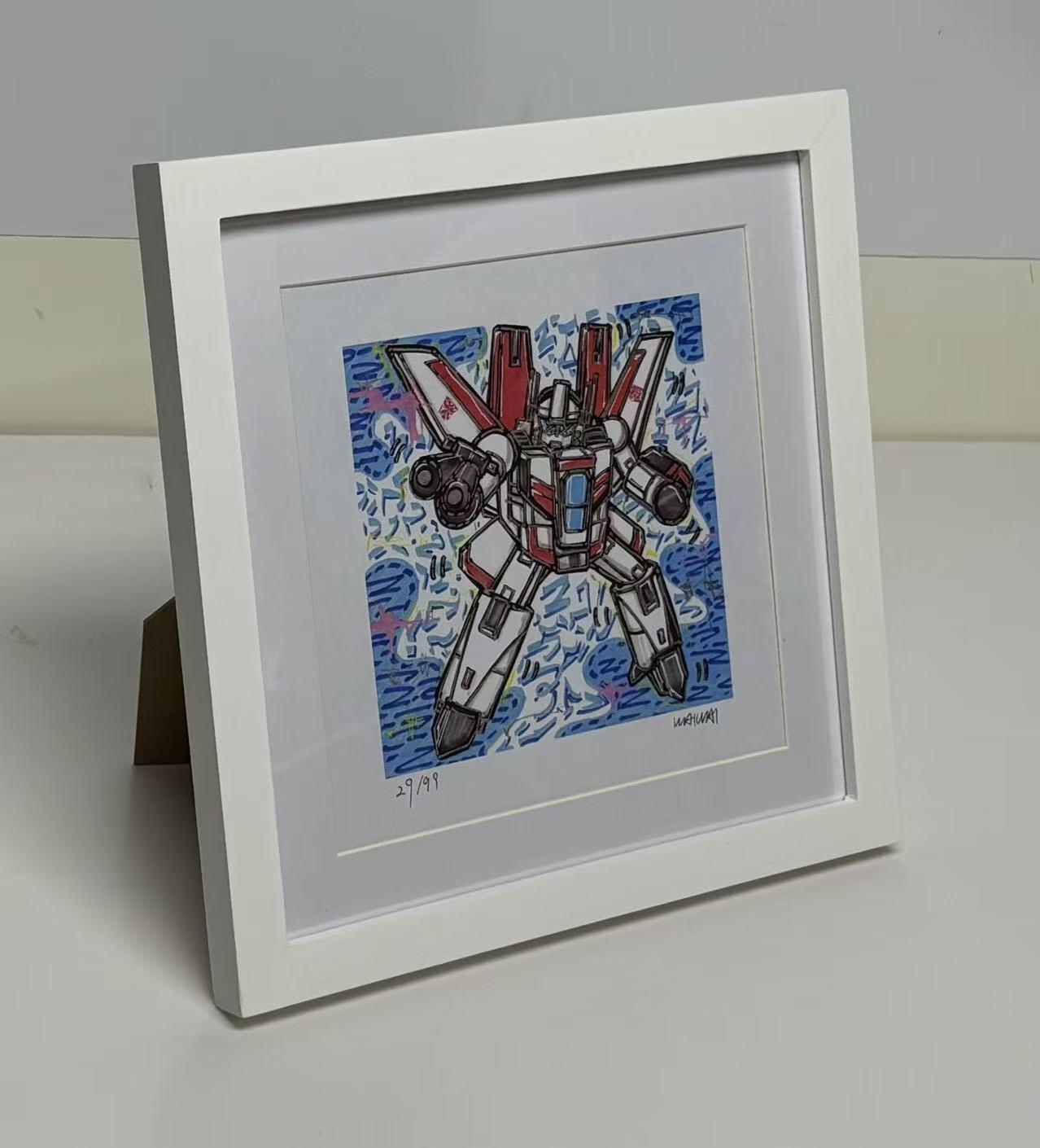 零元拍：歪歪亲笔签名 OWSON 系列作品装饰画《变形金刚》，已做装裱 木框相框尺寸28/28CM。因展品出展，镜框或亚克力可能有轻微划痕，介意勿拍