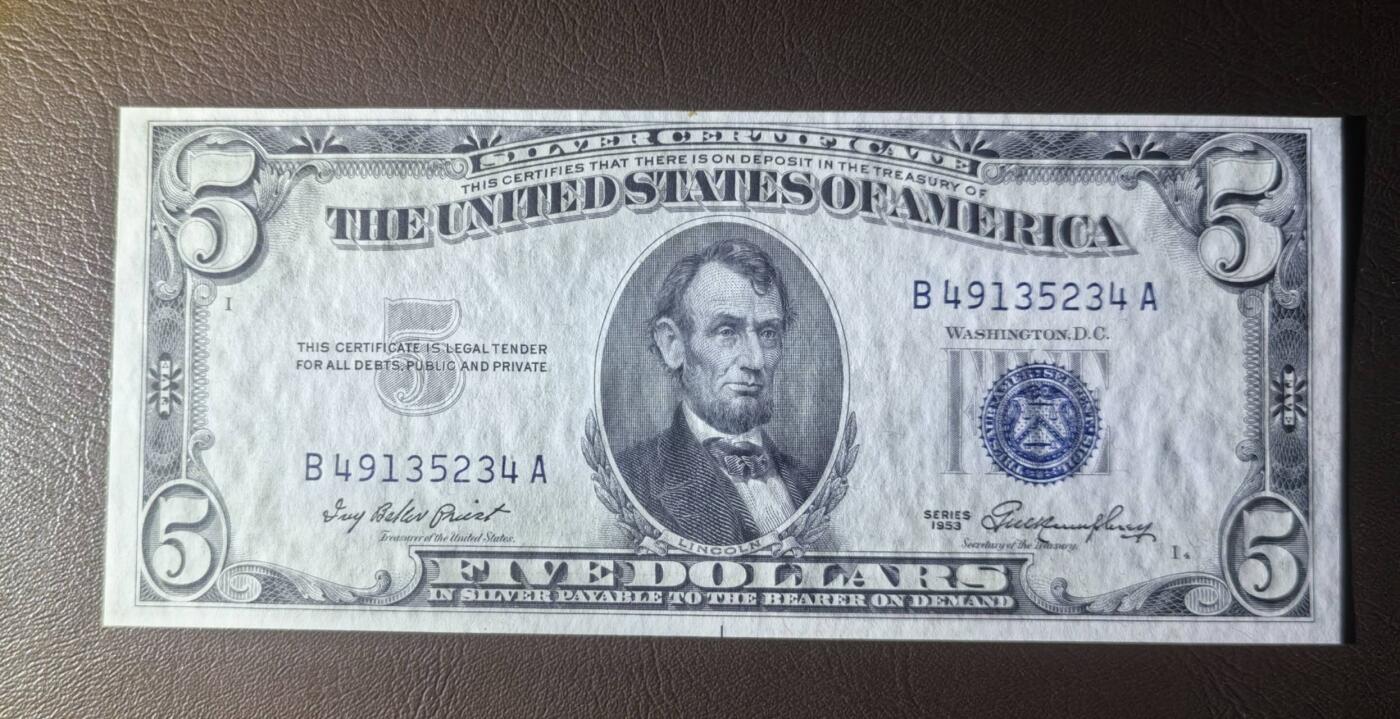 Unc 美国纸币 1953年5美元纸币 银币券