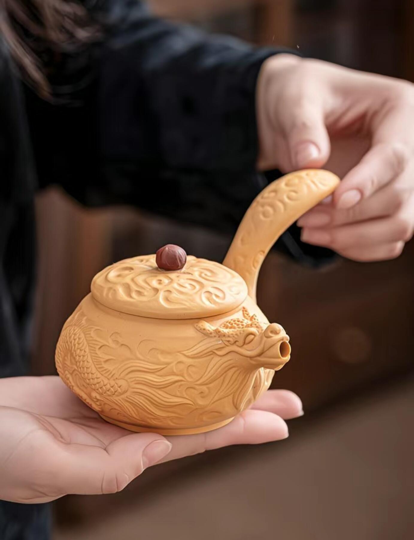 黄段泥精品手工壶具 黄金段泥半手工侧把龙壶