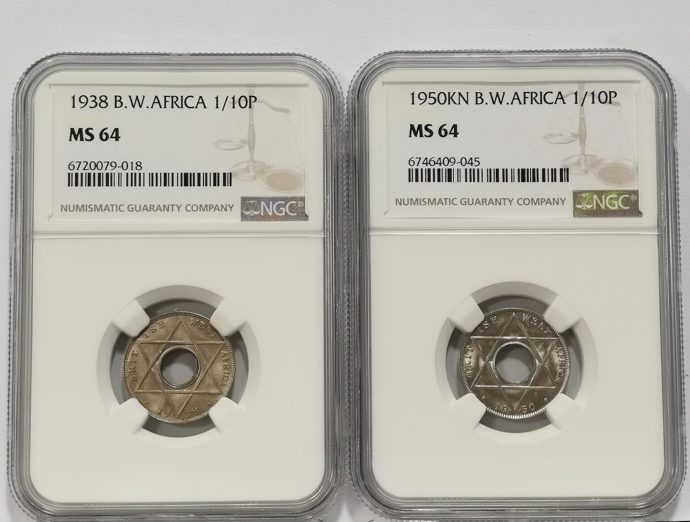 博洋堂世界钱币拍卖第137期（全场包邮） NGC MS64 英属西非1938、1950年乔治六世1/10便士不同版2枚一对