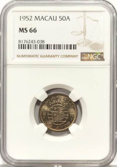 博洋堂世界钱币拍卖第137期（全场包邮） - NGC MS66 葡属澳门1952年首版伍毫，麦稀奇所见最高分