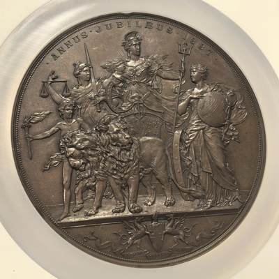 博洋堂世界钱币拍卖第162期（全场包邮） NGC MS64BN 英国1887年维多利亚女王登基50周年纪念大铜章，伦敦金融城系列第22号作品，奥地利章牌艺术大师安东·沙夫（A. Scharff，1845-1903）名誉品