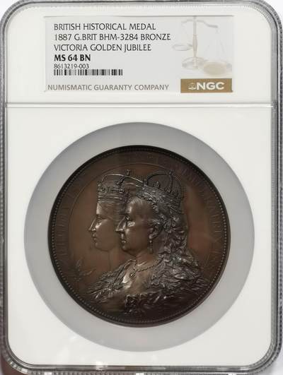 博洋堂世界钱币拍卖第162期（全场包邮） NGC MS64BN 英国1887年维多利亚女王登基50周年纪念大铜章，伦敦金融城系列第22号作品，奥地利章牌艺术大师安东·沙夫（A. Scharff，1845-1903）名誉品