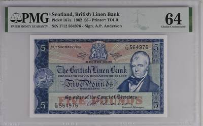Scotland, British Linen Bank, �5 1962 - Printer: TDLR - Scotland, British Linen Bank, �5 1962 - Printer: TDLR