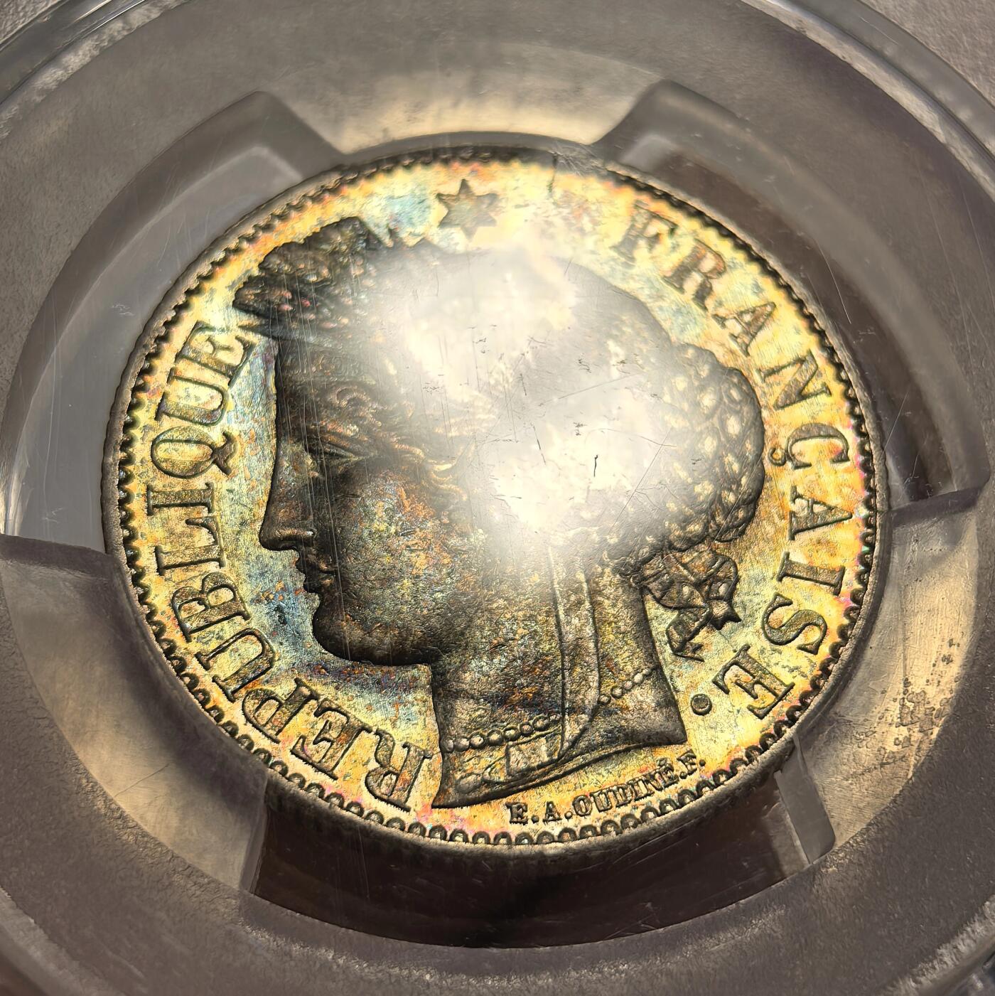 博洋堂世界钱币拍卖第137期（全场包邮） PCGS AU58 法国1881年谷物女神2法郎银币，极美五彩包浆，盒子背面右下角卡槽有一小缺