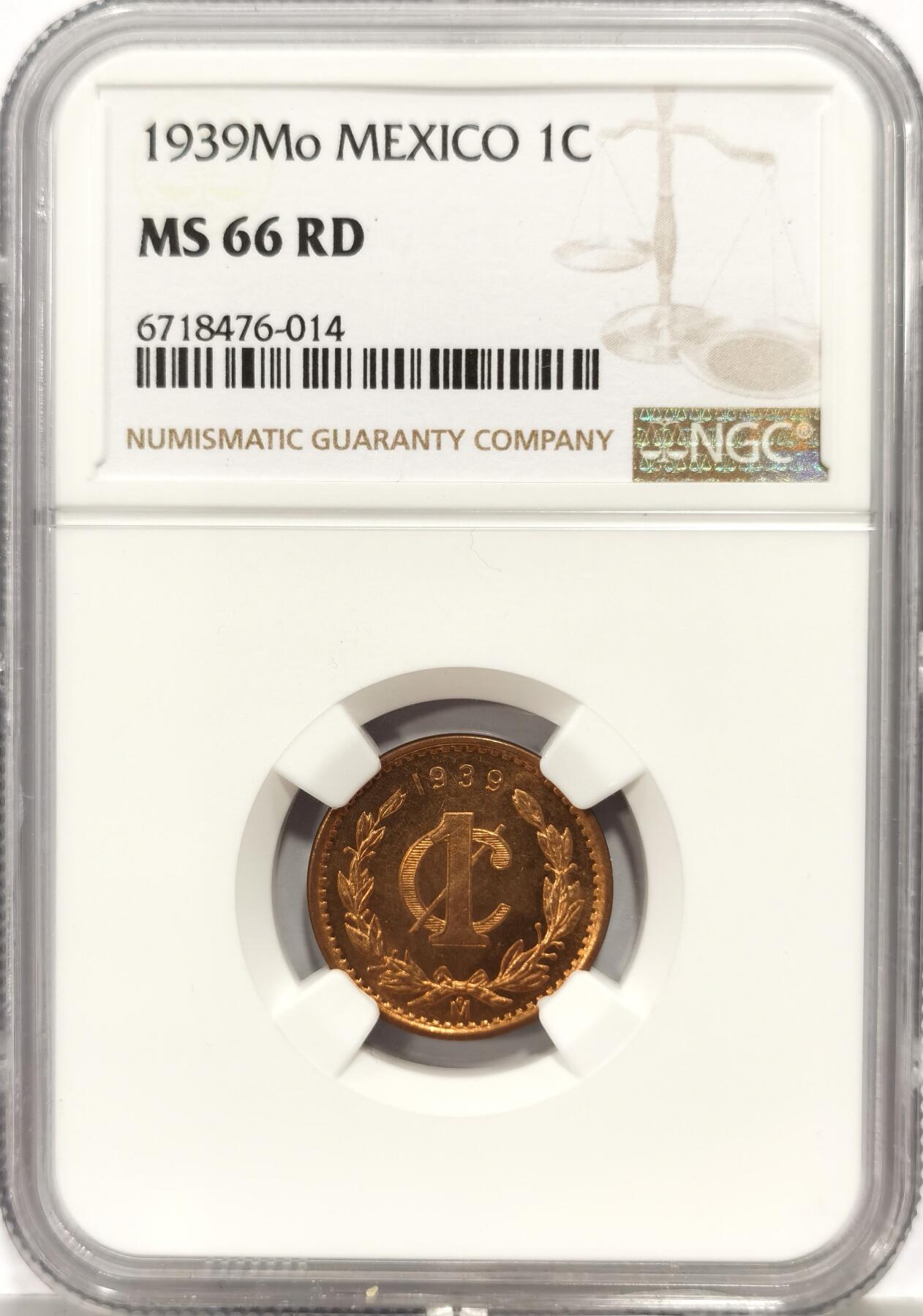 博洋堂世界钱币拍卖第137期（全场包邮） NGC MS66RD 墨西哥1939年小鹰洋1分铜币，极致RD状态