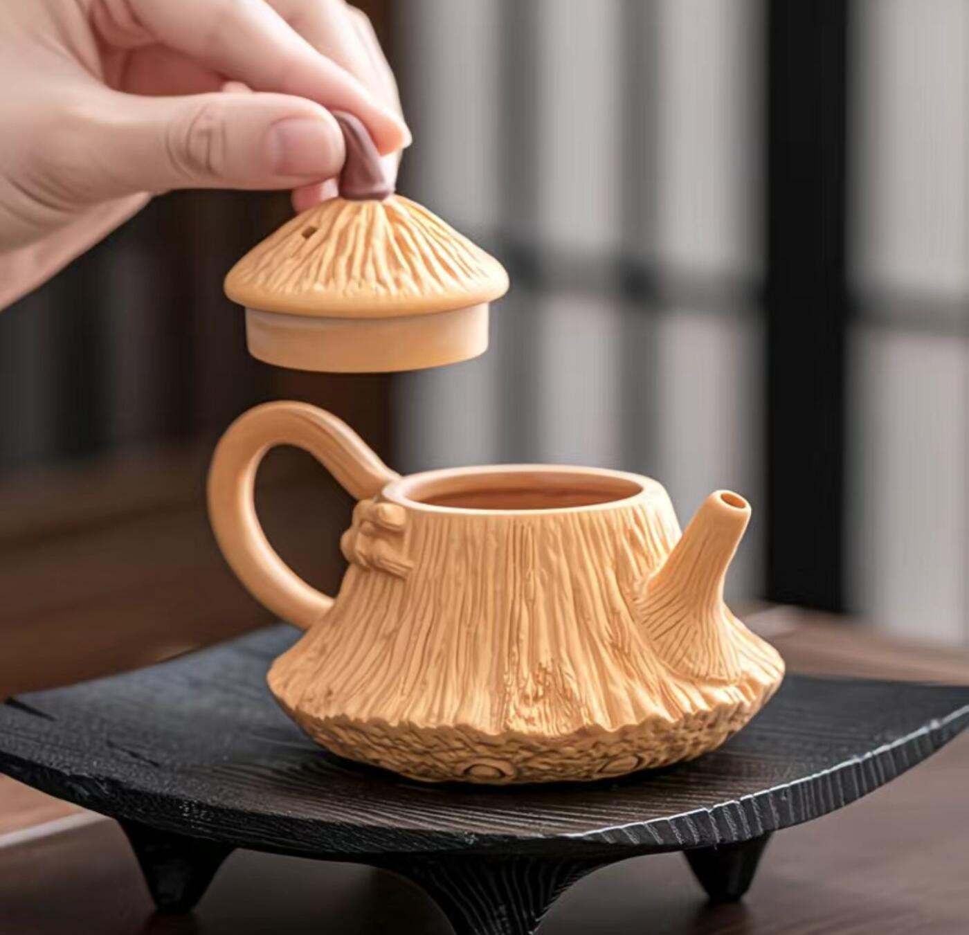 黄段泥精品手工壶具 黄金段泥高档紫砂壶大师级手工浮雕莲蓬单壶