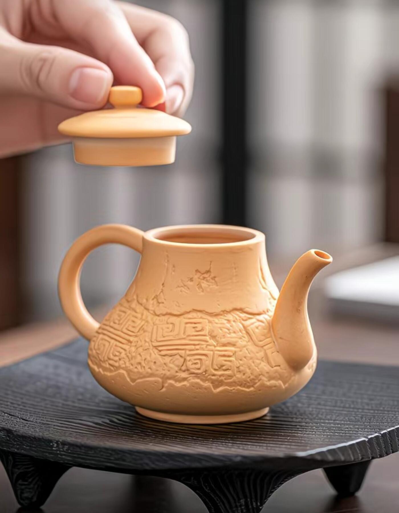 黄段泥精品手工壶具 黄金段泥半手工回纹茶壶