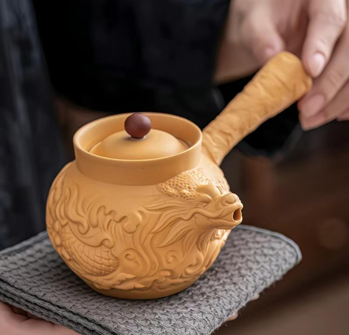 黄段泥精品手工壶具 黄金段泥直把龙壶