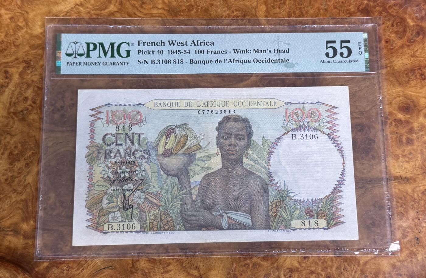 得物收藏 Chase Auction 第33期 - - 外钞、民国钞和人民币混合场！持续更新中！ 1945年法属西非100法郎，PMG55e！