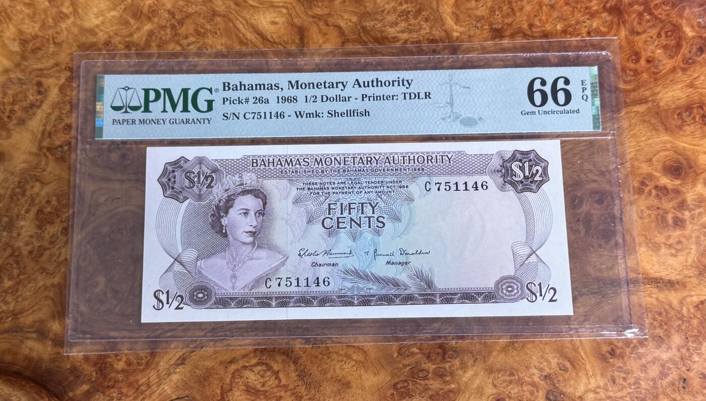 得物收藏 Chase Auction 第33期 - - 外钞、民国钞和人民币混合场！持续更新中！ 1968年巴哈马0.5元，PMG66！