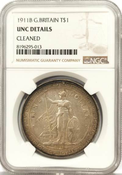 博洋堂世界钱币拍卖第137期（全场包邮） - NGC UNC92 英属远东殖民地贸易大银元站洋1911-B，环金彩双面车轮强转光，字口全深打，不列颠尼亚女武神立体浮雕感十足，高点几乎没有磨损，细节完美无缺边道环金彩包浆，双面车轮转光，味道嘎嘎上头。