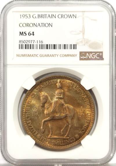 博洋堂世界钱币拍卖第137期（全场包邮） - NGC MS64 英国1953年伊丽莎白二世登基纪念克朗，带彩少见