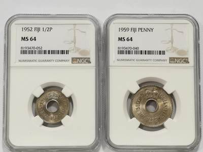 博洋堂世界钱币拍卖第137期（全场包邮） - NGC MS64 英属斐济1952年1/2便士、1959年1便士2枚一对