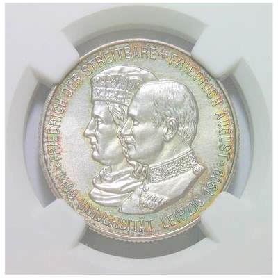 【银】NGC UNC 德国萨克森1909年 莱比锡大学2马克银币 五彩初铸原光 - 【银】NGC UNC 德国萨克森1909年 莱比锡大学2马克银币 五彩初铸原光