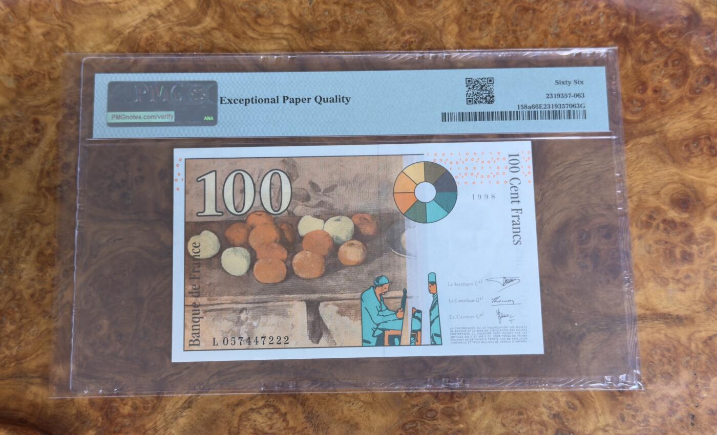 得物收藏 Chase Auction 第33期 - - 外钞、民国钞和人民币混合场！持续更新中！ 1997年法国100法郎，豹子号,PMG66!