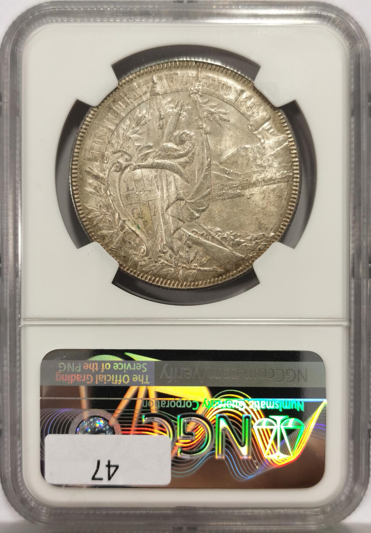 博洋堂世界钱币拍卖第137期（全场包邮） NGC MS62 1883年瑞士卢加诺射击节5法郎 状态极佳，原汁原味的欧洲老酱彩，相当热门的一个品种，此前博洋堂63分曾有2600元成交