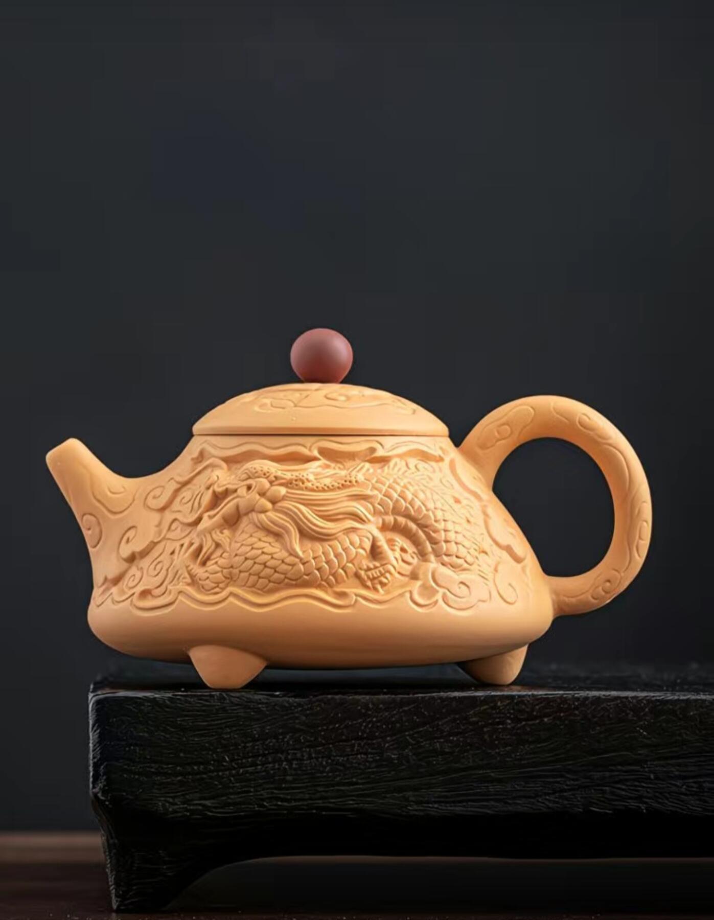 黄段泥精品手工壶具 黄段泥凤鸣浮雕三足壶