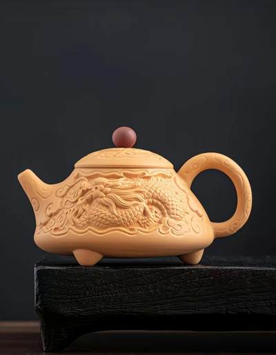 黄段泥精品手工壶具 - 黄段泥凤鸣浮雕三足壶