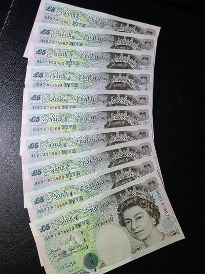 叁拾收藏第31期 - 英国E序列5英镑标十连号（HK97年香港回归字冠，大部分全程无4） UNC（个别边缘轻微潮斑）