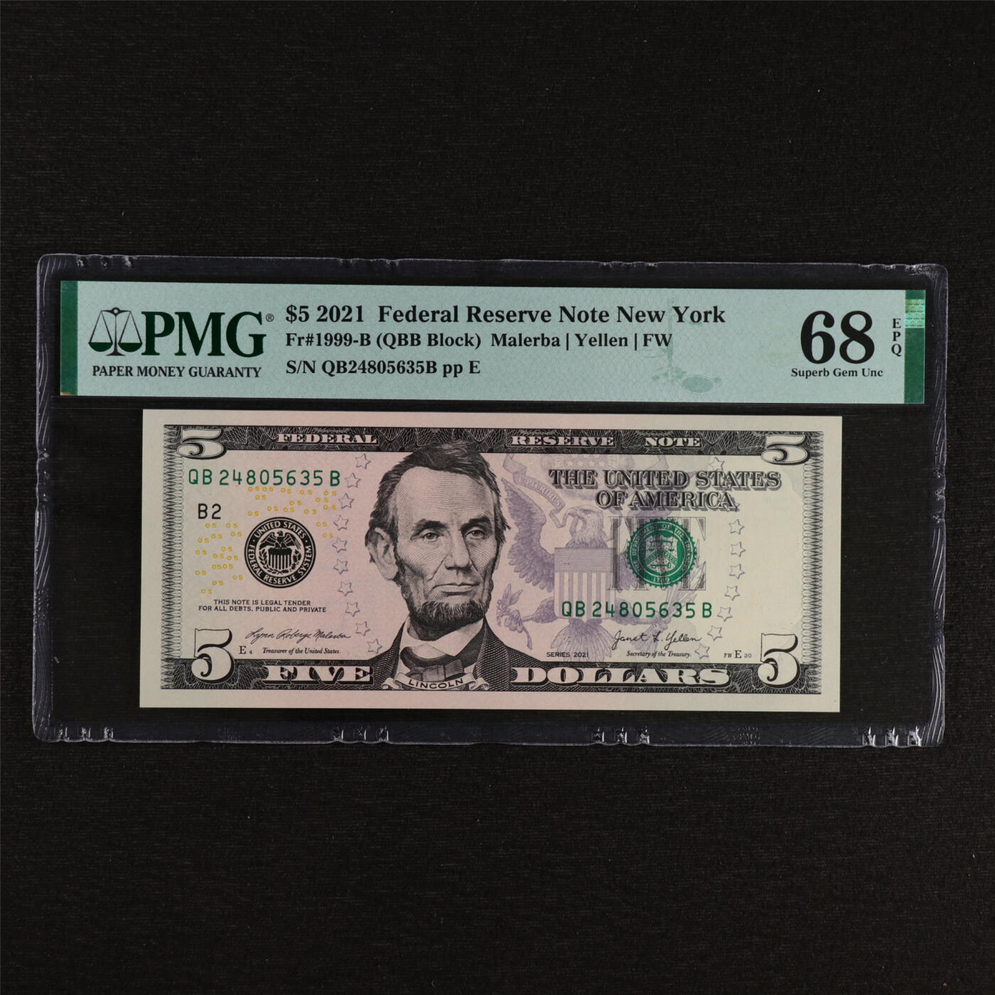 【亘邦集藏】第212期拍卖 2021年 美国5美元 PMG 68EPQ QB24805635B