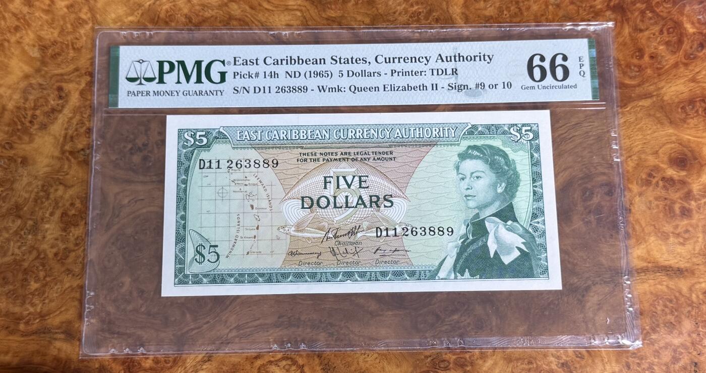 得物收藏 Chase Auction 第33期 - - 外钞、民国钞和人民币混合场！持续更新中！ 1965年东加勒比5元，PMG66！