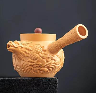 黄段泥精品手工壶具 - 黄金段泥直把龙壶