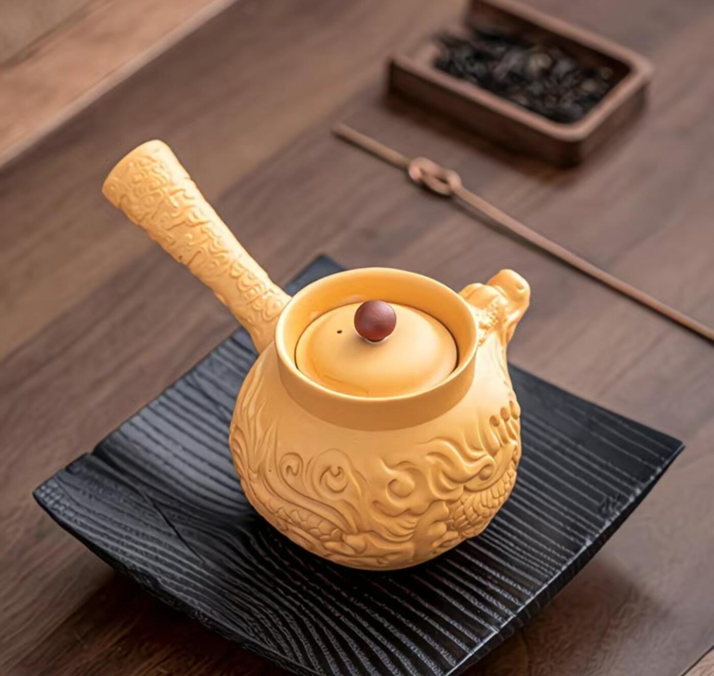 黄段泥精品手工壶具 黄金段泥直把龙壶