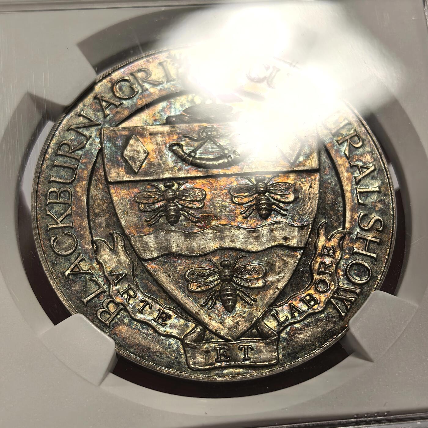 博洋堂世界钱币拍卖第137期（全场包邮） NGC MS62 英国布莱克本农业展览世博会大银章，1900年以前的工艺，神鸟高高在上，打制唯美！黄油五彩光泽让银章更显高贵气质！