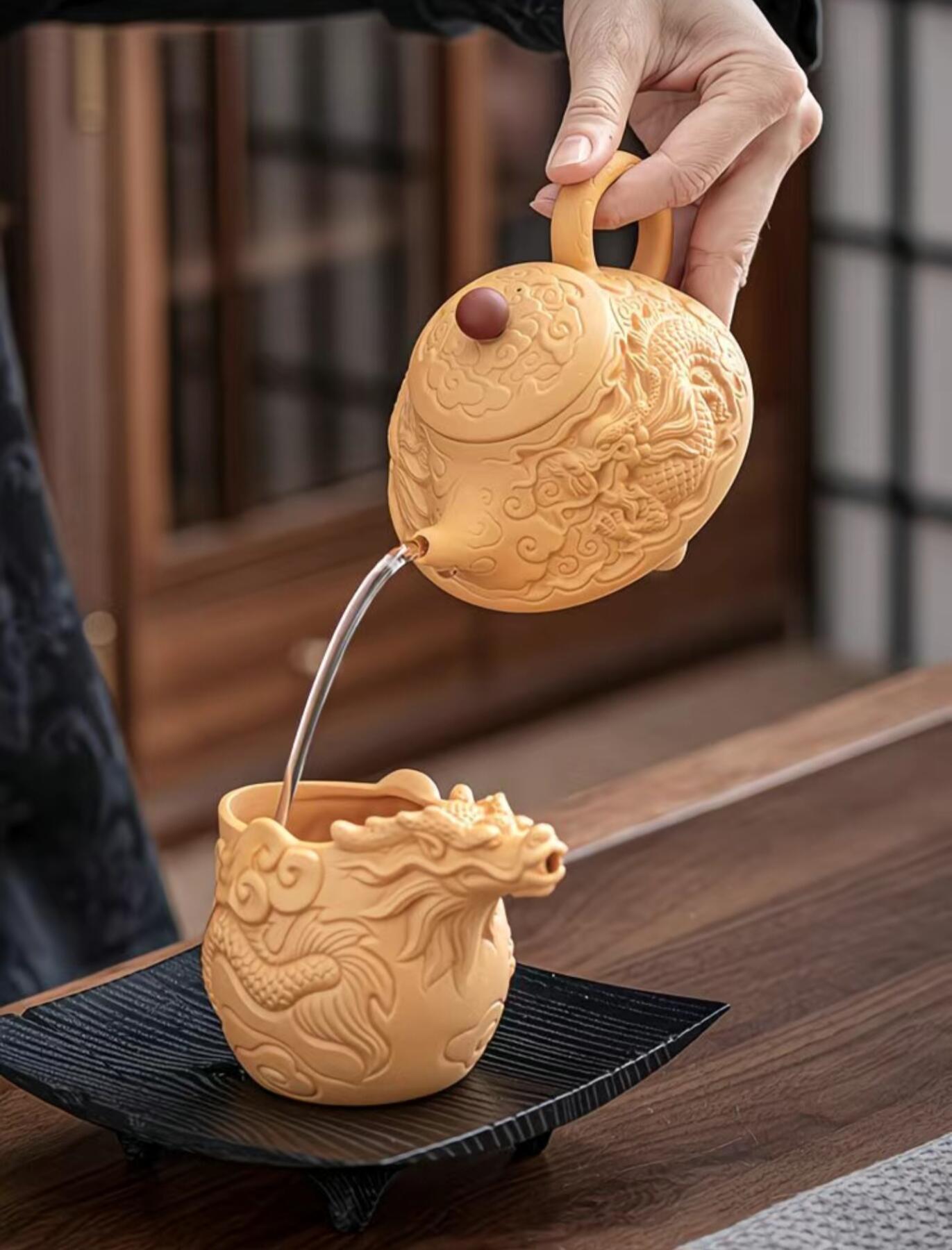 黄段泥精品手工壶具 黄段泥凤鸣浮雕三足壶