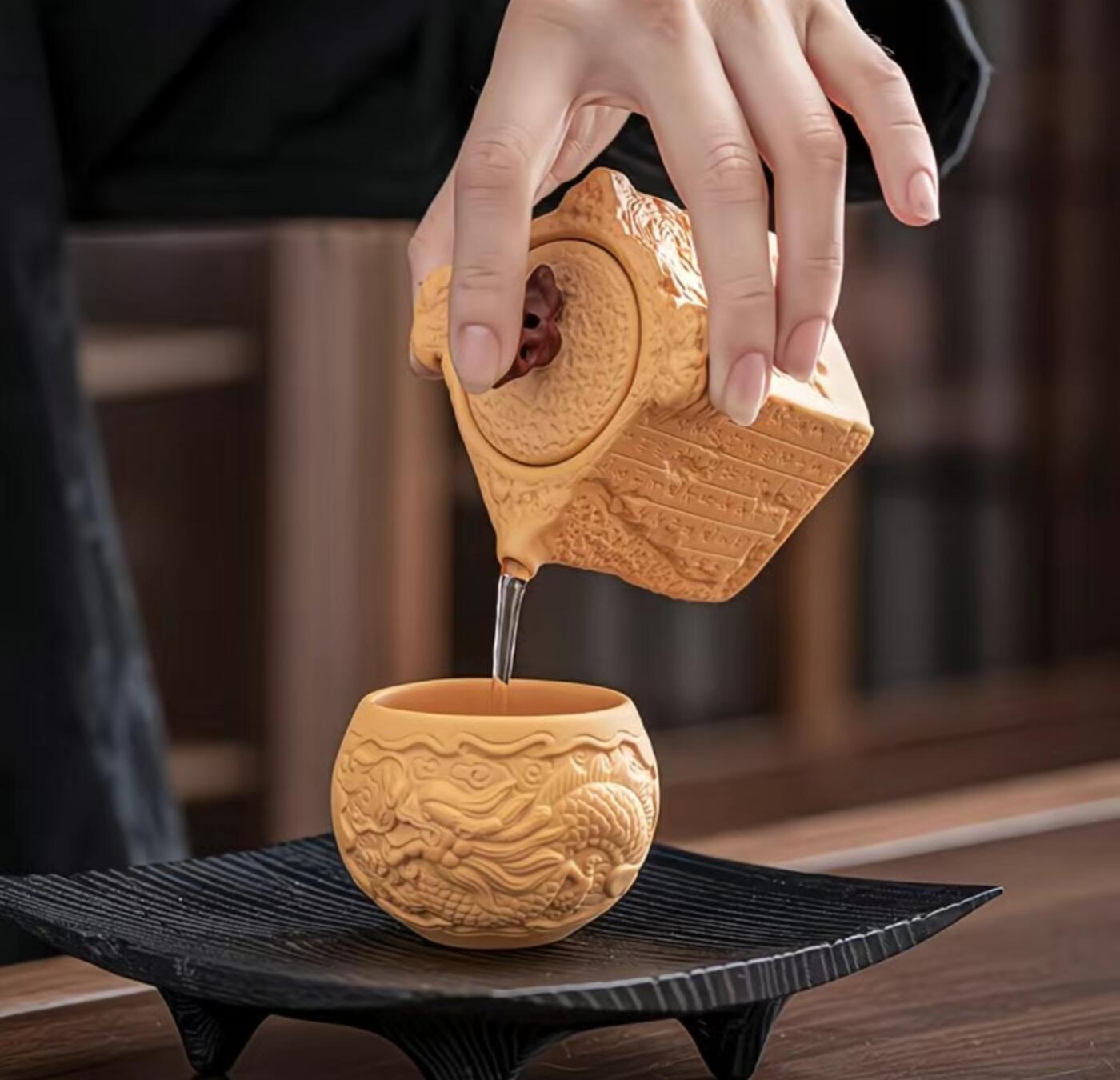 黄段泥精品手工壶具 黄金段泥 手工浮雕防烫莫高窟 方壶
