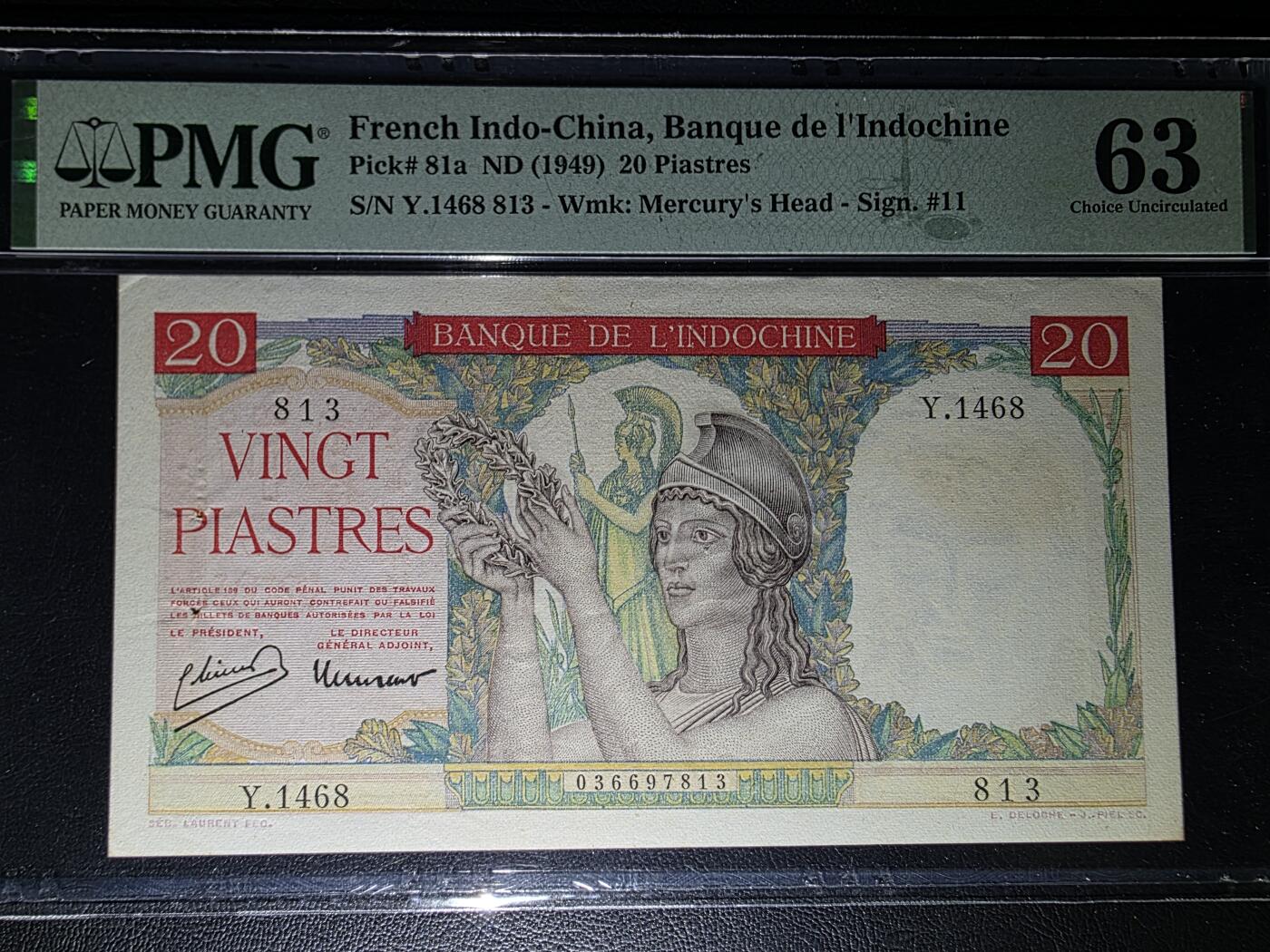 叁拾收藏第31期 法属印支1949年20皮  PMG63分