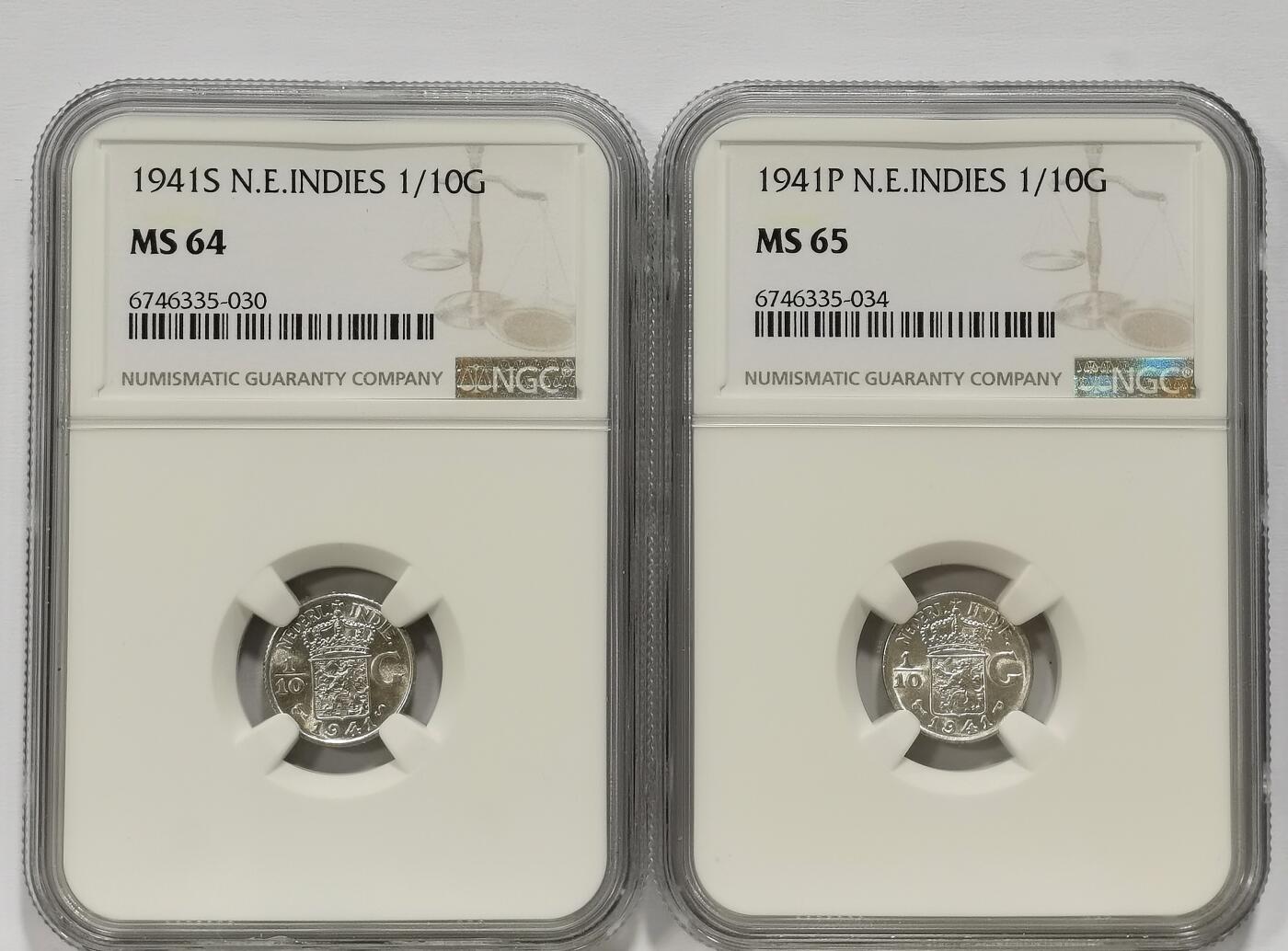 博洋堂世界钱币拍卖第137期（全场包邮） NGC MS64/65 荷属东印度1941年S版、P版1/10盾银币2枚一对