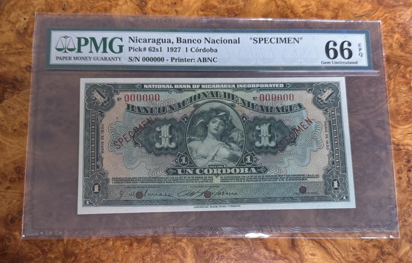 得物收藏 Chase Auction 第33期 - - 外钞、民国钞和人民币混合场！持续更新中！ 1927年尼加拉瓜1元，票样，PMG66！