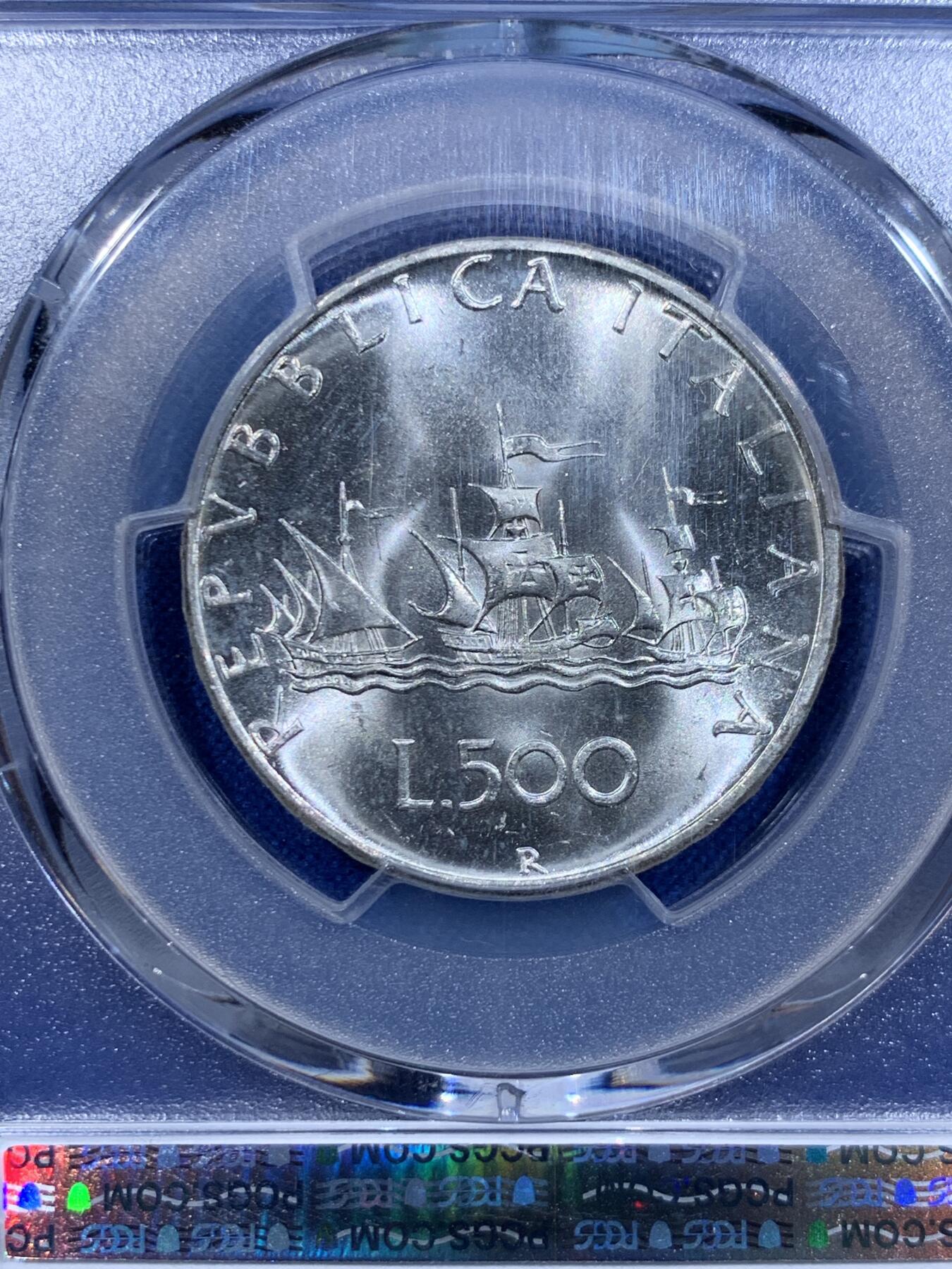 《竞宝斋》第416场 周日，周一，2场连拍 （全场包邮） PCGS MS66 意大利 1967年 帆船少女 500里拉 银币