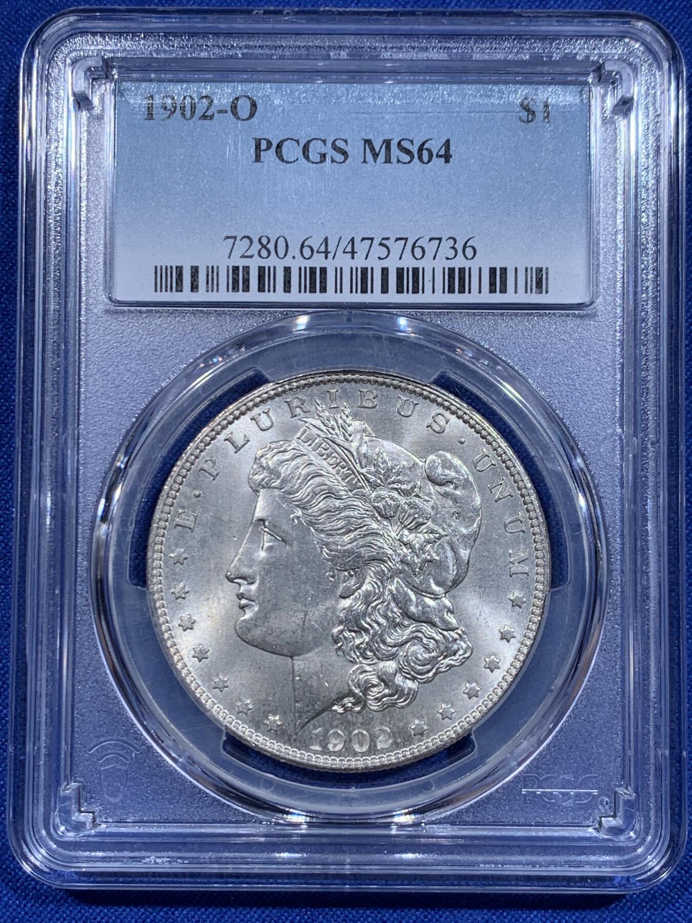 《竞宝斋》第416场 周日，周一，2场连拍 （全场包邮） PCGS MS64 美国 1902-O版 摩根1美元银币 分不错 状态也好 背面支撑有磕