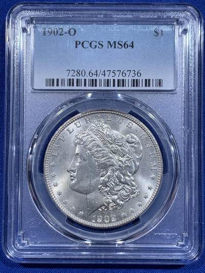 《竞宝斋》第416场 周日，周一，2场连拍 （全场包邮） - PCGS MS64 美国 1902-O版 摩根1美元银币 分不错 状态也好 背面支撑有磕