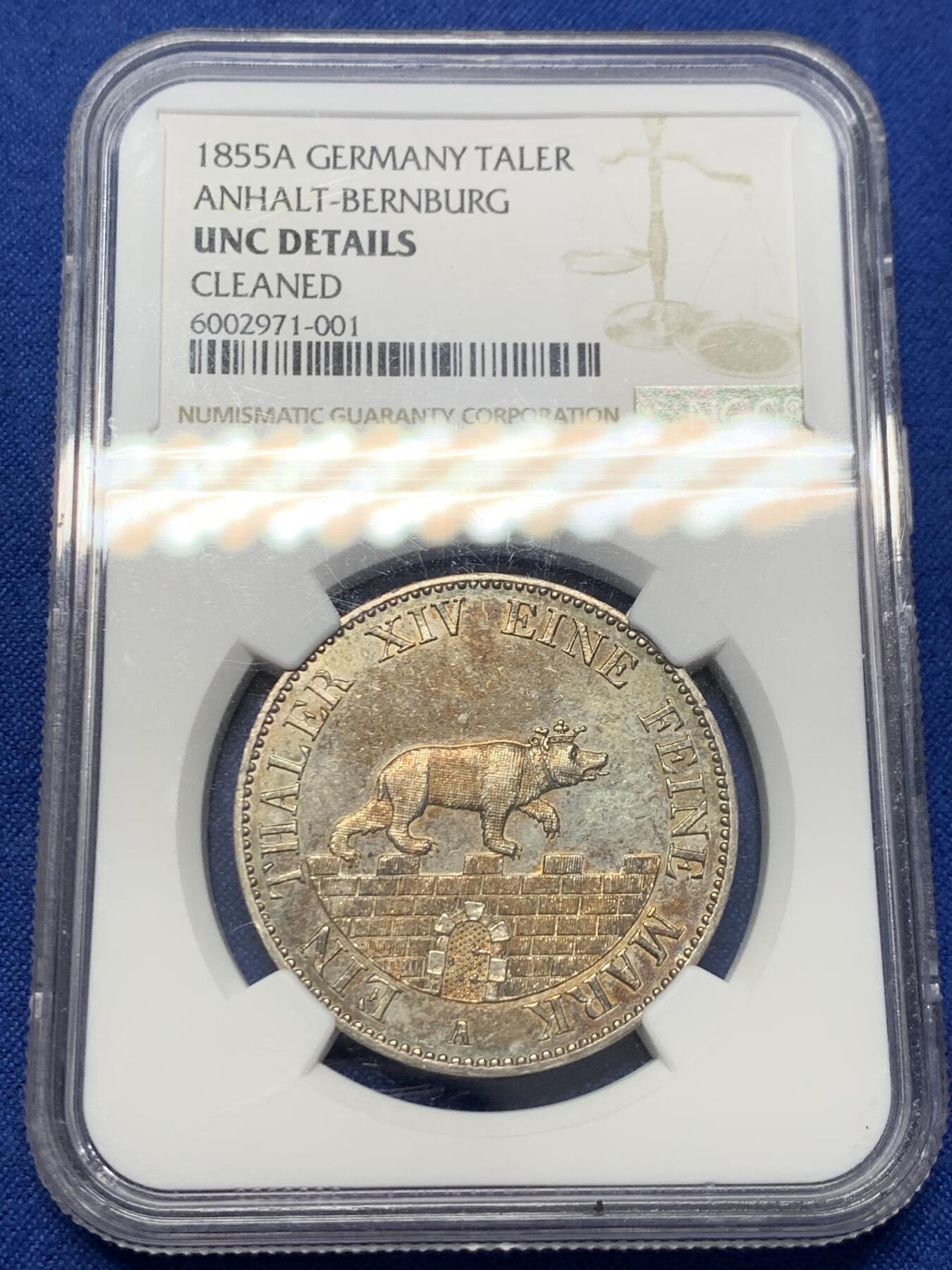 《竞宝斋》第416场 周日，周一，2场连拍 （全场包邮） NGC UNC 1855年德意志 安哈特贝恩堡 小熊爬墙 熊毛细节满满 五彩包浆