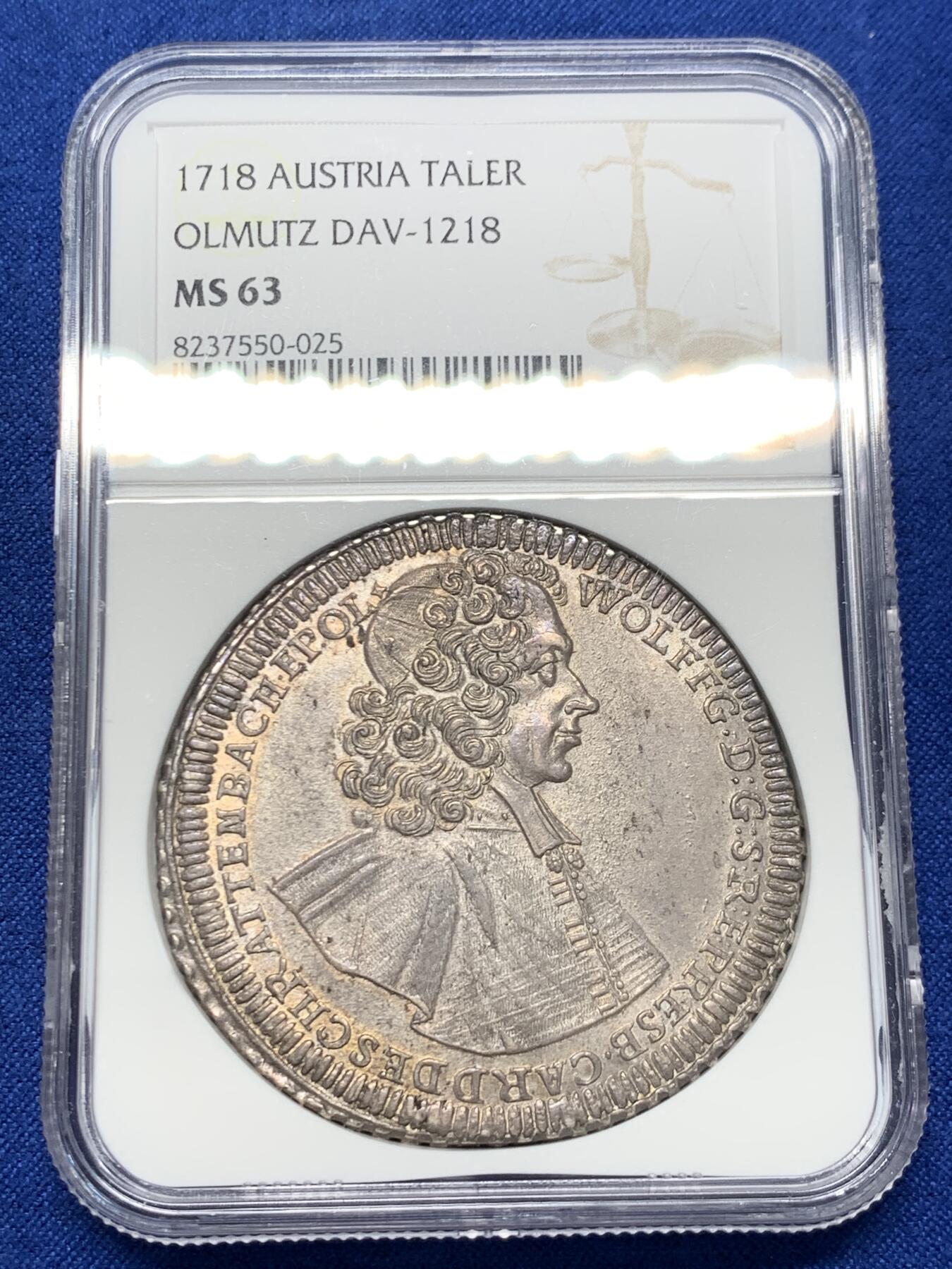 《竞宝斋》第416场 周日，周一，2场连拍 （全场包邮） 唯一冠军分 NGC MS63 神圣罗马帝国 1718波西米亚王国 奥洛穆茨主教区 泰勒流通大银币 首年