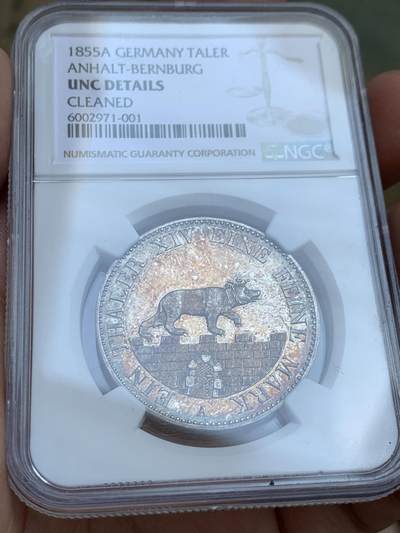 《竞宝斋》第416场 周日，周一，2场连拍 （全场包邮） - NGC UNC 1855年德意志 安哈特贝恩堡 小熊爬墙 熊毛细节满满 五彩包浆
