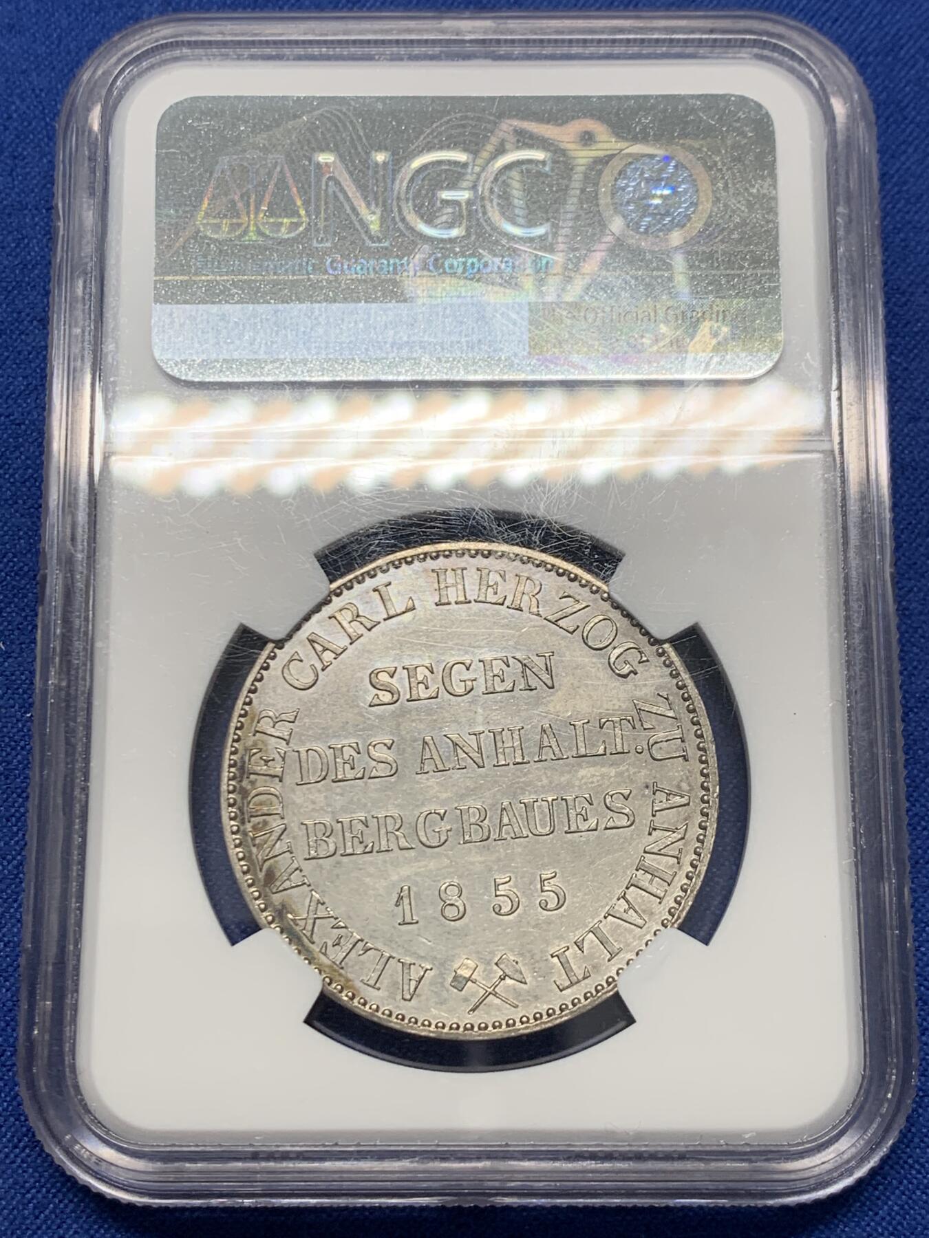 《竞宝斋》第416场 周日，周一，2场连拍 （全场包邮） NGC UNC 1855年德意志 安哈特贝恩堡 小熊爬墙 熊毛细节满满 五彩包浆
