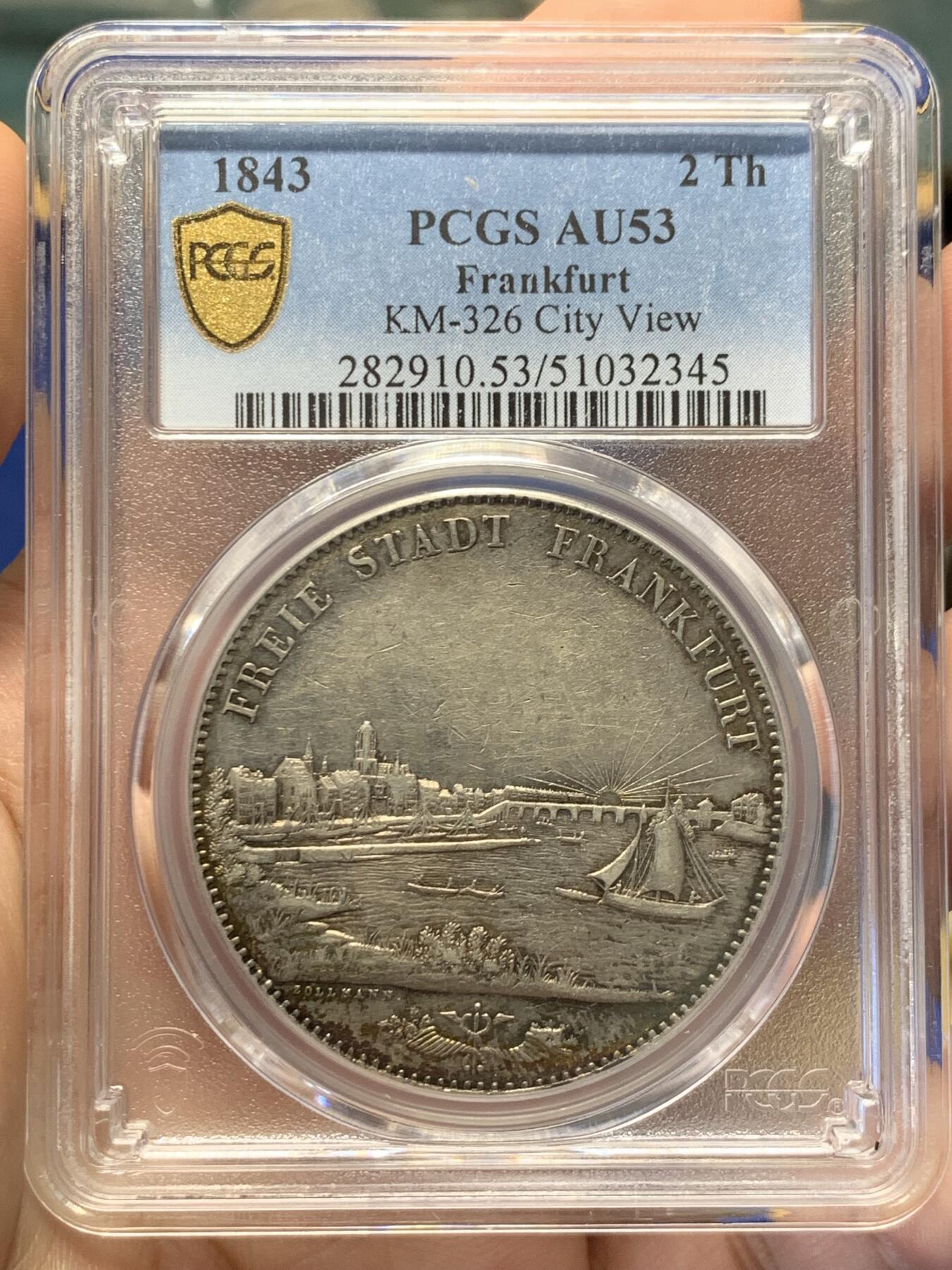 《竞宝斋》第416场 周日，周一，2场连拍 （全场包邮） PCGS AU53 德国 1843 法兰克福 景观 2泰勒 大银币 整体极佳 热门景观泰勒品种