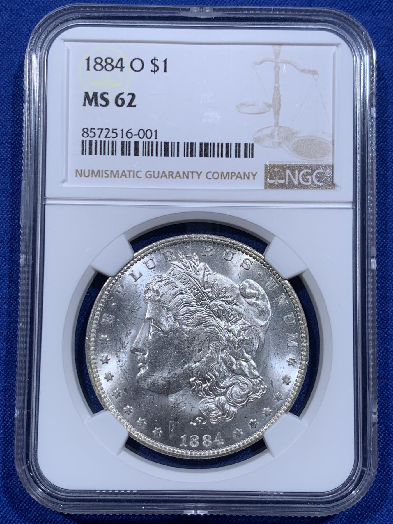 《竞宝斋》第416场 周日，周一，2场连拍 （全场包邮） NGC MS62 美国1884年O版摩根银币，好品好光