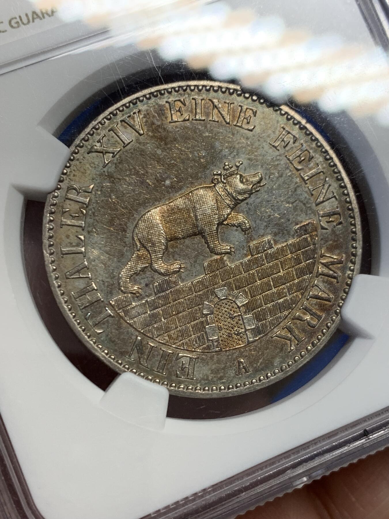 《竞宝斋》第416场 周日，周一，2场连拍 （全场包邮） NGC UNC 1855年德意志 安哈特贝恩堡 小熊爬墙 熊毛细节满满 五彩包浆