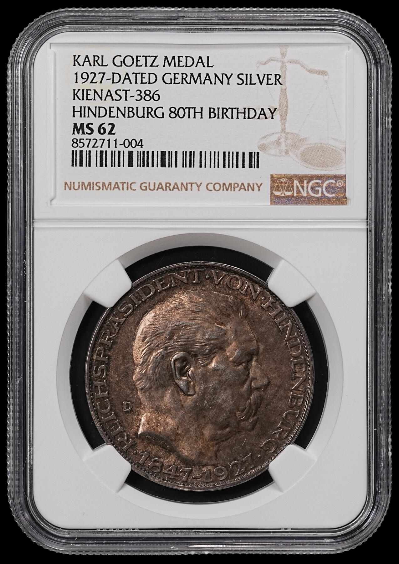 修遠堂世界钱币第八十三期 NGC MS62 1927年兴登堡80大寿纪念银章 卡尔歌茨作品