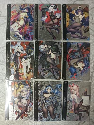 花开卡拍第37期（9月7号周日截拍，品控勿拍!!!拍品不寄存，运费5元，自制卡难免瑕疵，可能存在轻微撞角爆边等出厂瑕疵，品控介意勿拍！） - 驴打滚卡牌 动漫美女合集一套9张 黑丝+白丝 钻闪