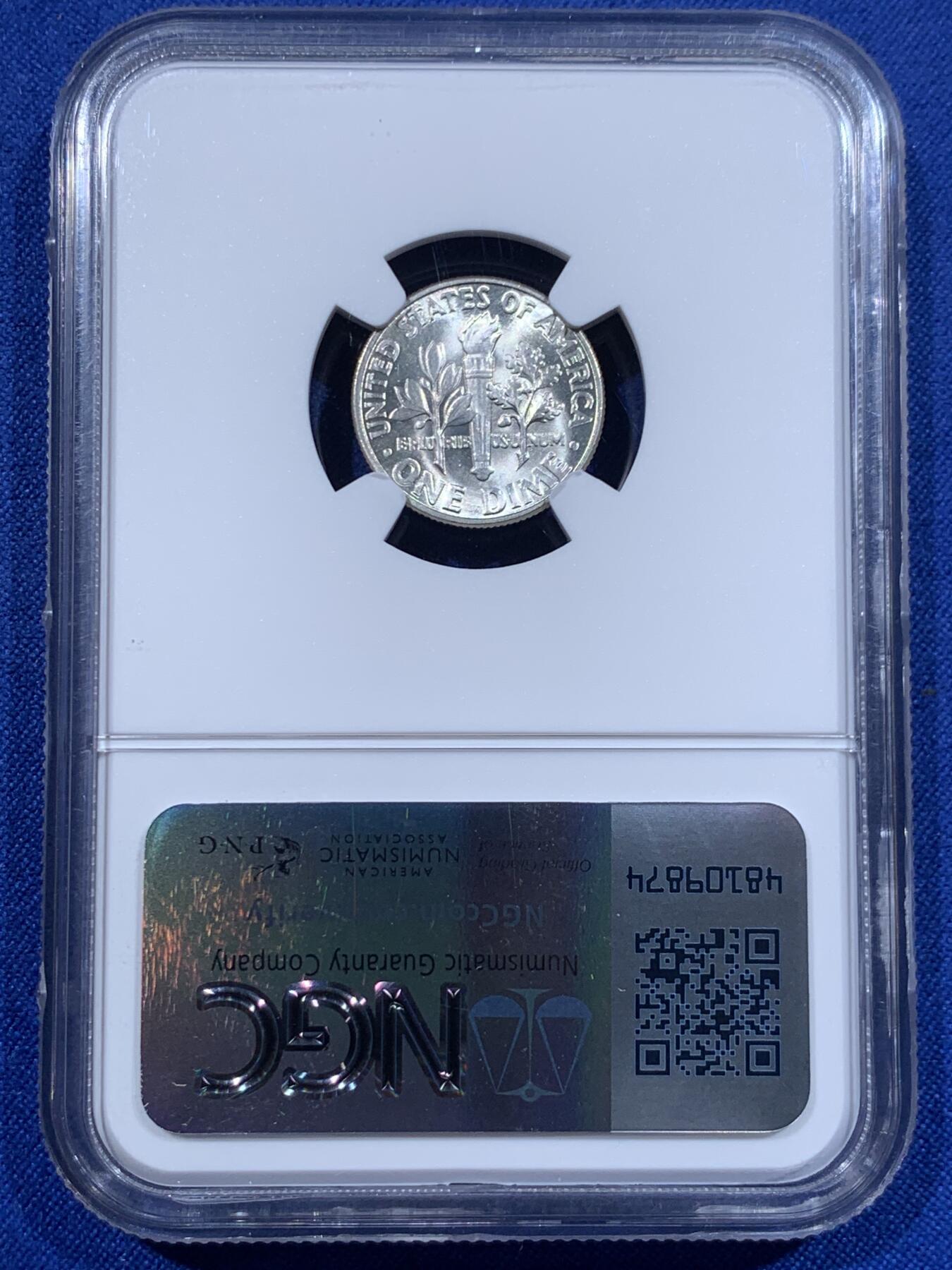 《竞宝斋》第416场 周日，周一，2场连拍 （全场包邮） NGC MS65 美国1946年10美分银币，罗斯福10美分首年份