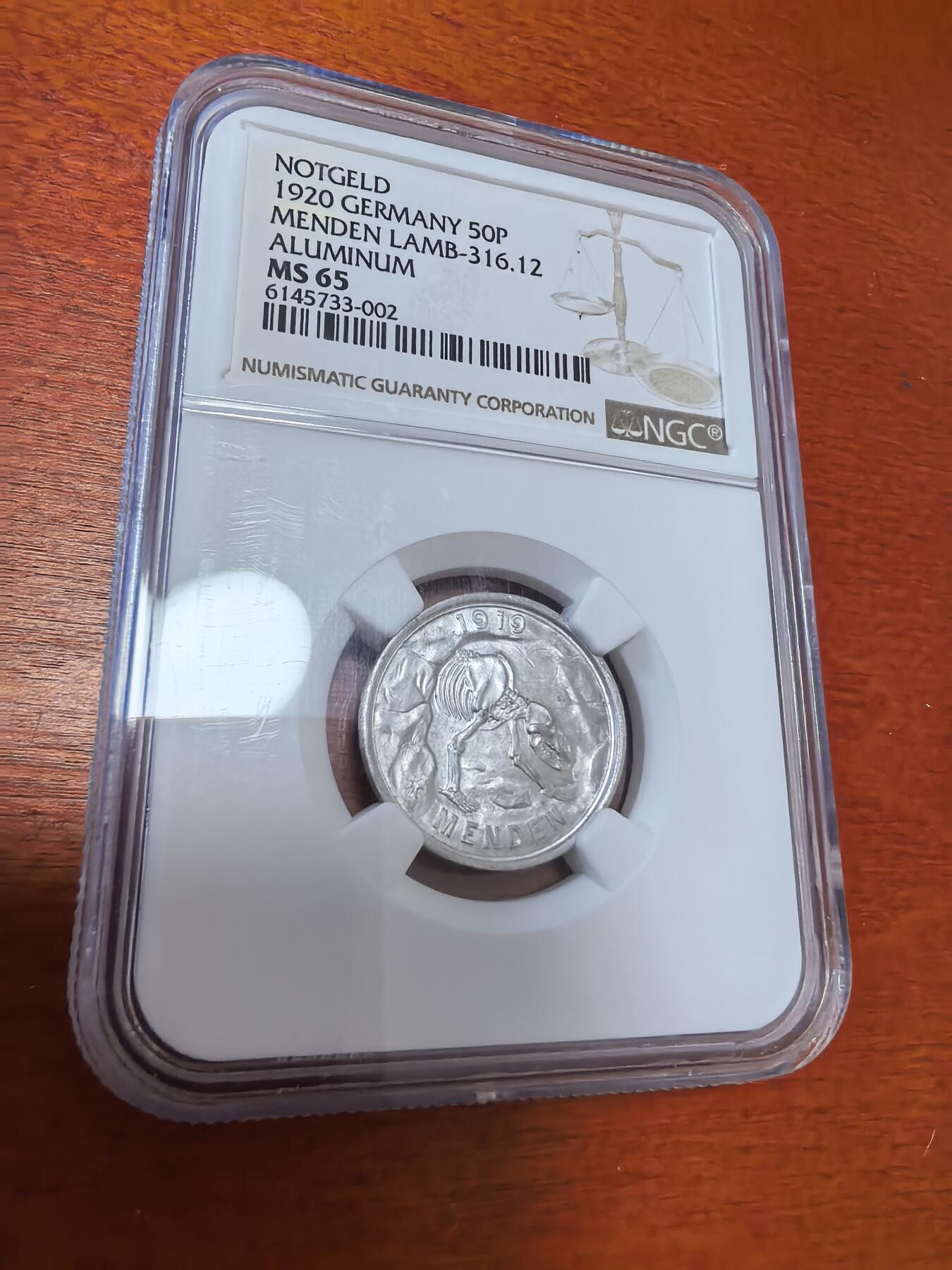 长老汇蛇年精选第四十三场拍卖 1920德紧门登洞熊50芬尼铝币，NGC MS65分，季军，更高6枚，名誉品